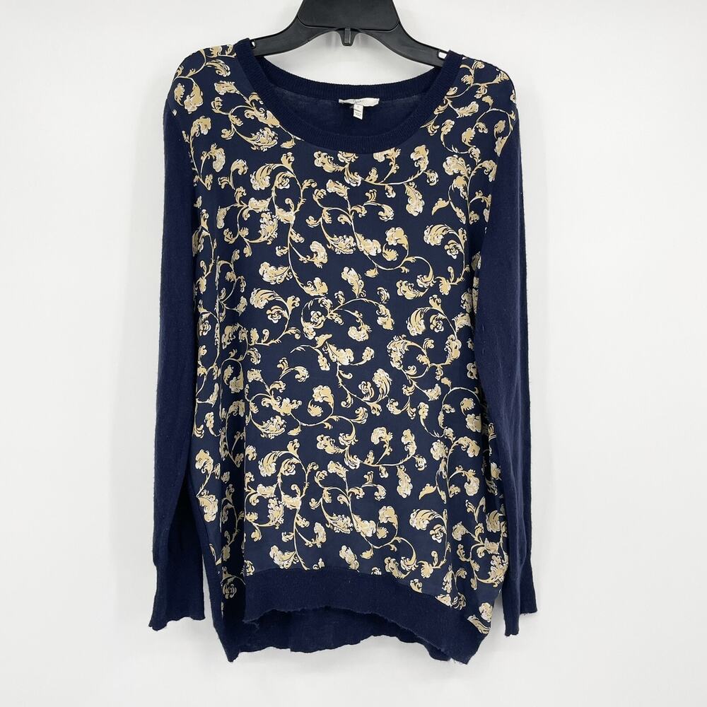 Joie Navy Blue Gold Patterned Silk Front Sweater Size Small S